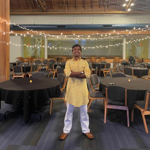 Antariksh Sharma的23 poses in Moore Lounge, Pearsons Hall prior to the Diwali celebration.